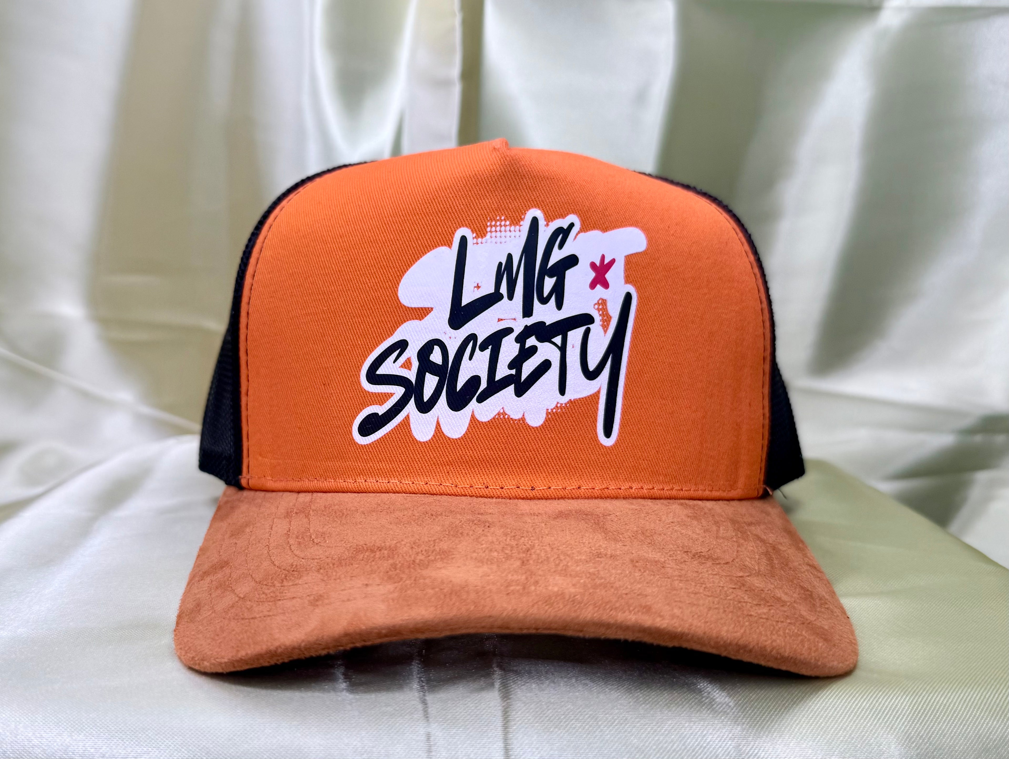 LMG Society Orange & Black Trucker Hat – Signature Script Edition