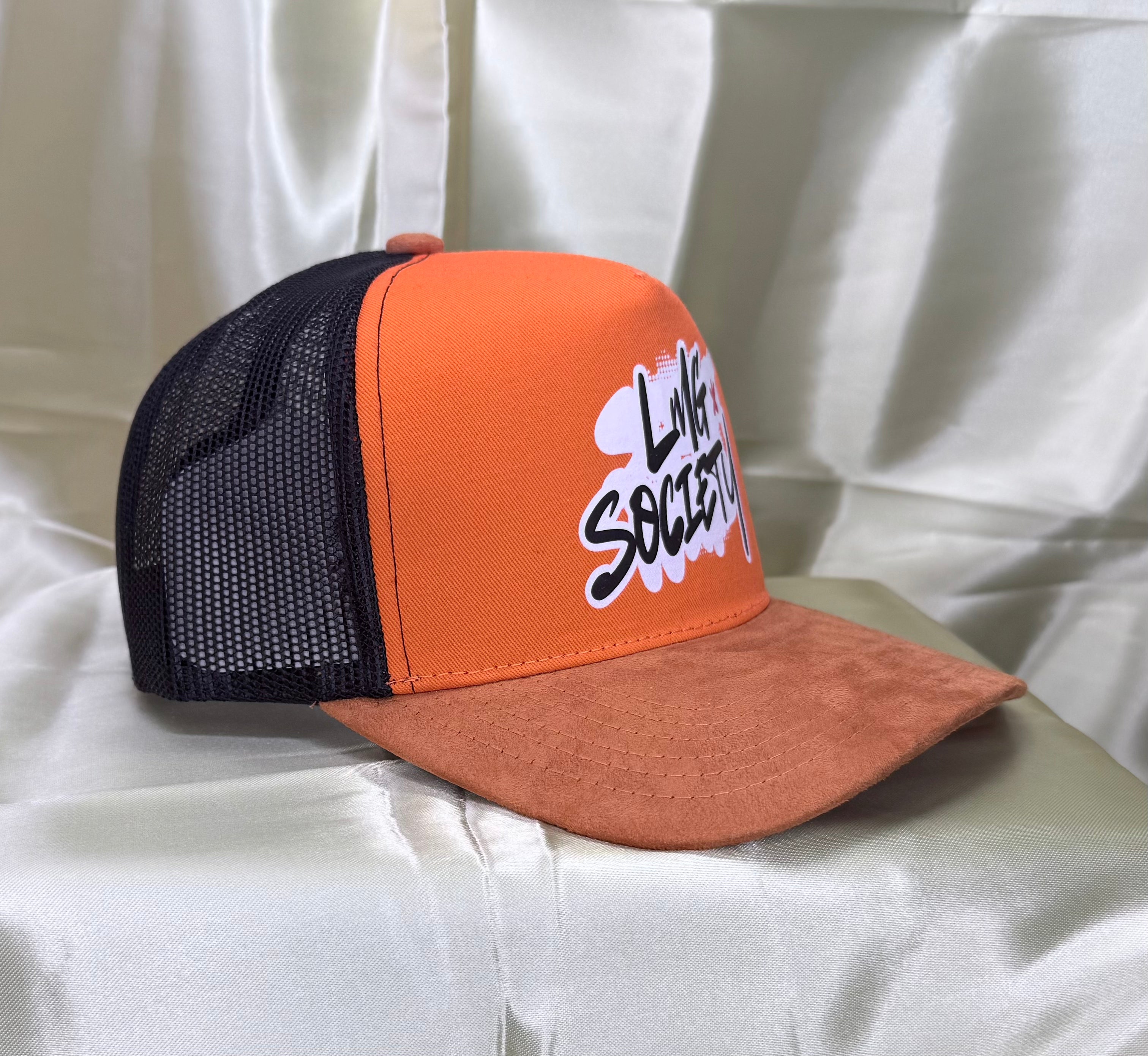 LMG Society Orange & Black Trucker Hat – Signature Script Edition